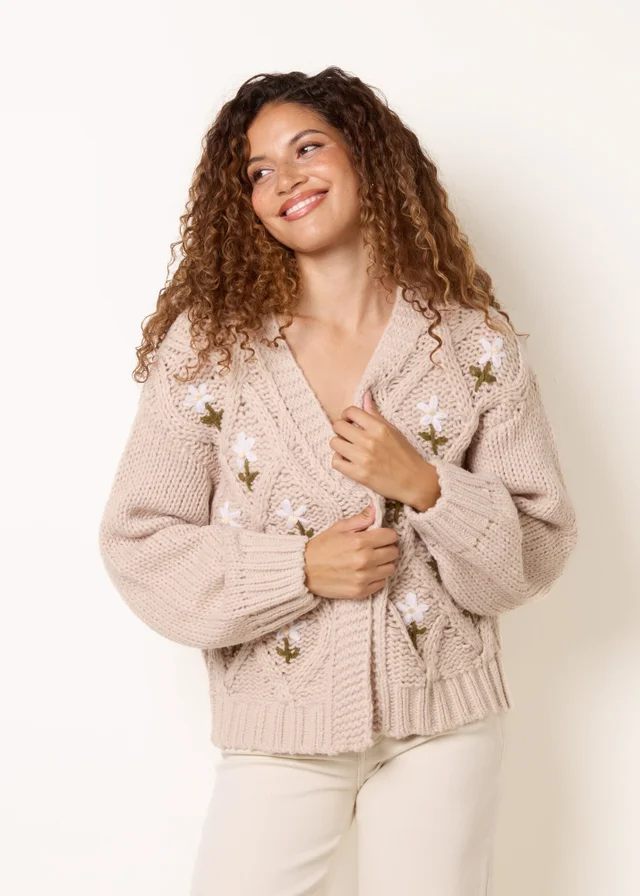 Blue Vanilla Stone Cable Knit Flower Cardigan
