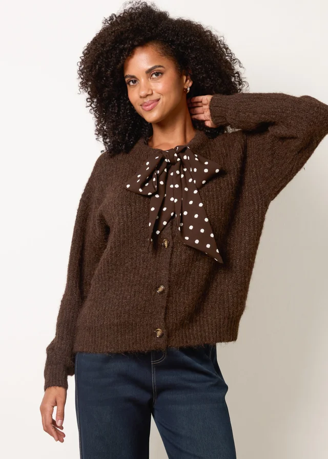Blue Vanilla Brown Pussybow Detail Knitted Cardigan