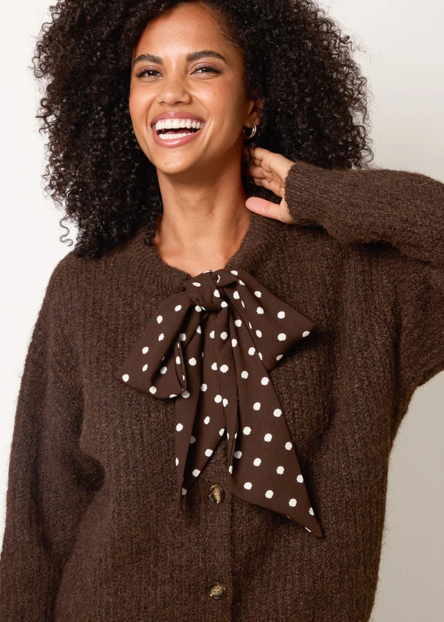 Blue Vanilla Brown Pussybow Detail Knitted Cardigan