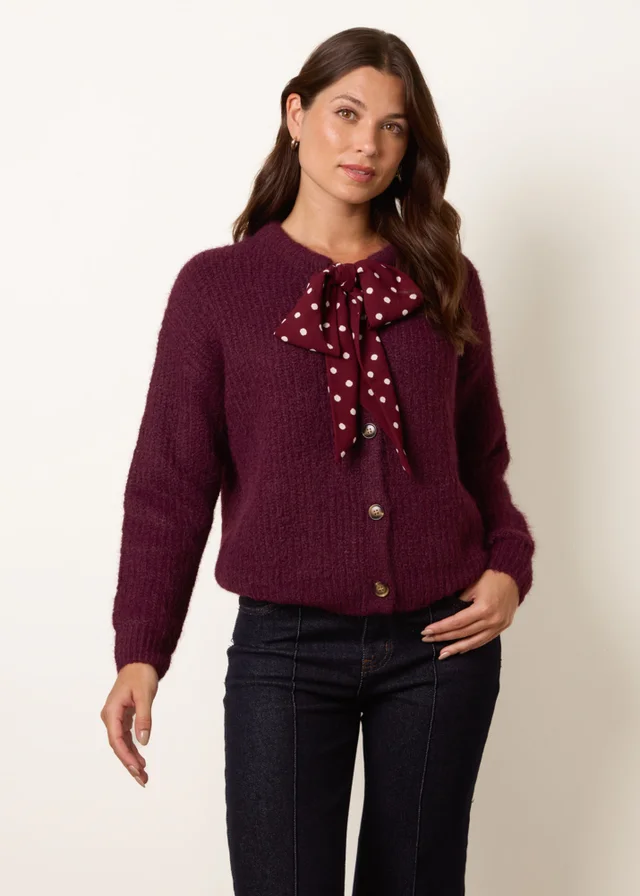 Blue Vanilla Burgundy Pussybow Detail Knitted Cardigan