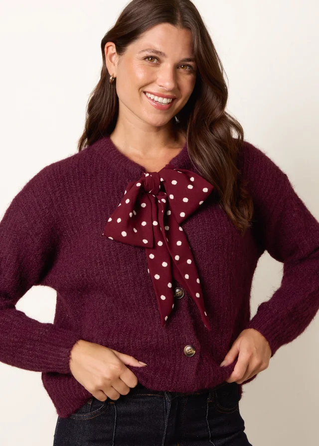 Blue Vanilla Burgundy Pussybow Detail Knitted Cardigan