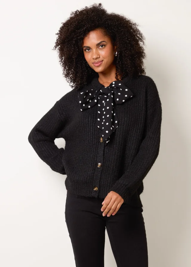 Blue Vanilla Black Pussybow Detail Knitted Cardigan