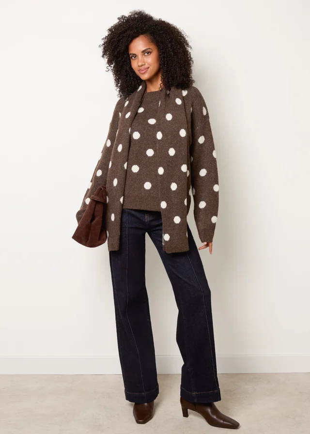 Blue Vanilla Brown Polka Dot Knit Jumper With Scarf