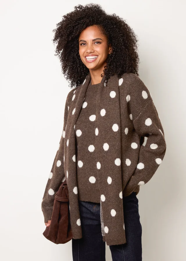 Blue Vanilla Brown Polka Dot Knit Jumper With Scarf