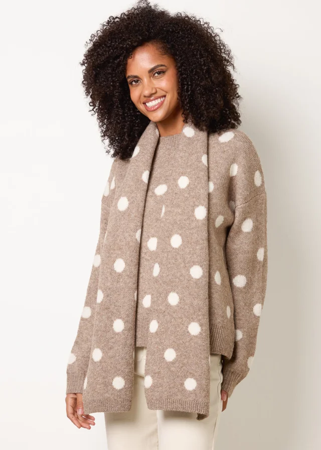 Blue Vanilla Beige Polka Dot Knit Jumper With Scarf