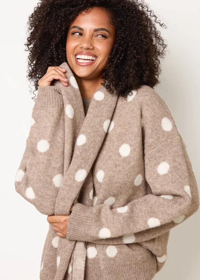 Blue Vanilla Beige Polka Dot Knit Jumper With Scarf