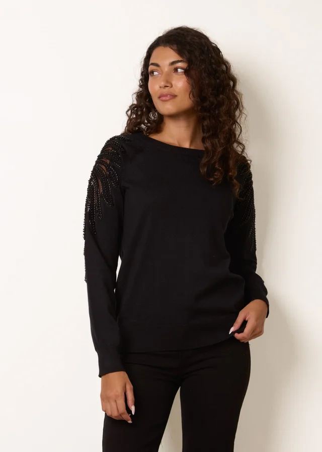 Blue Vanilla Black Embellished Sleeve Jumper
