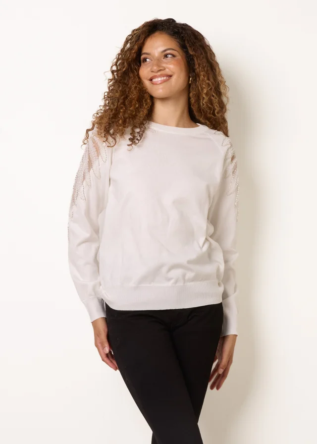 Blue Vanilla Ivory Embellished Sleeve Jumper