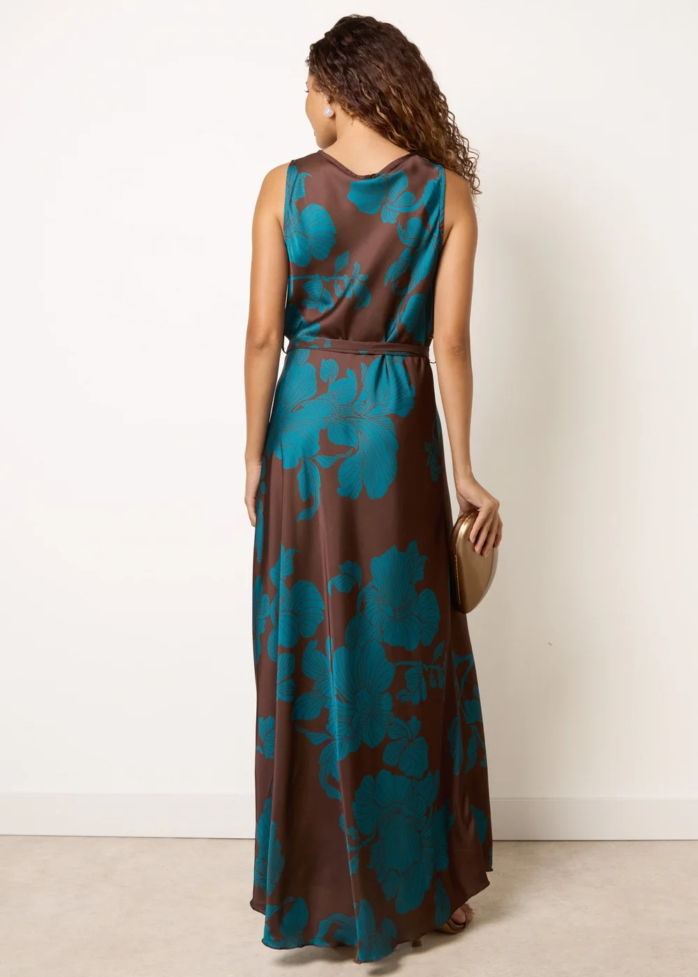 Blue Vanilla Brown Floral Satin Cowl Neck Dress - M Image 4