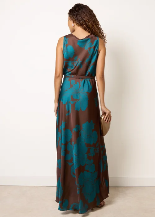 Blue Vanilla Brown Floral Satin Cowl Neck Dress - M Image 4