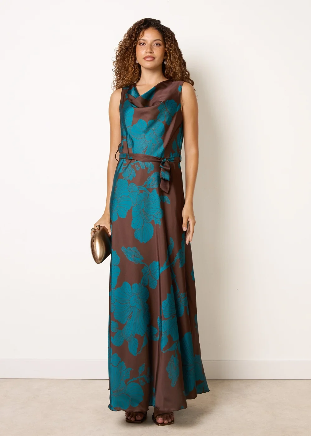 Blue Vanilla Brown Floral Satin Cowl Neck Dress - M Image 2