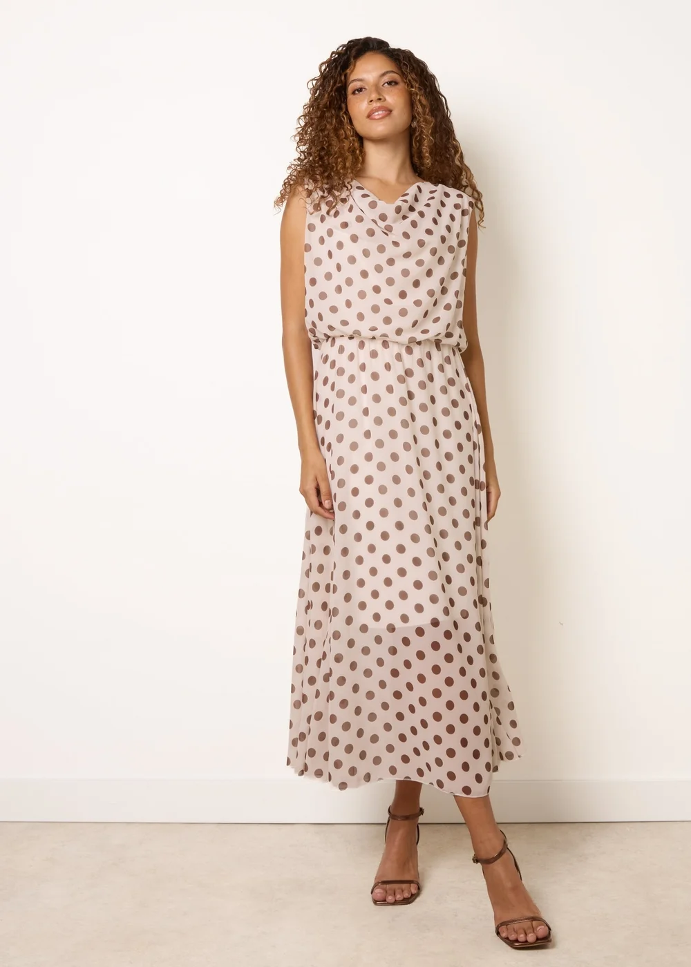 Blue Vanilla Beige Polka Dot Drop Cowl Neck Midi Dress - L Image 3