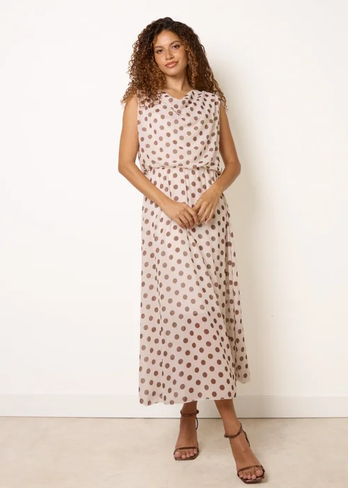 Blue Vanilla Beige Polka Dot Drop Cowl Neck Midi Dress - L Image 1