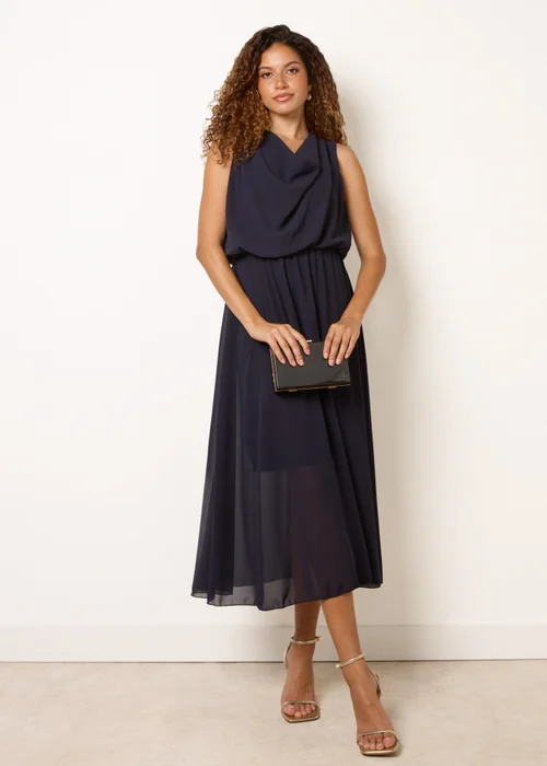 Blue Vanilla Navy Plain Sleeveless Cowl Neck Dress - M Image 3
