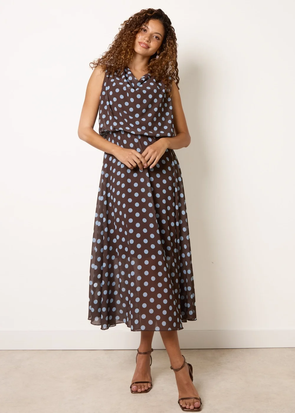 Blue Vanilla Brown Polka Dot Drop Cowl Neck Midi Dress - S Image 1