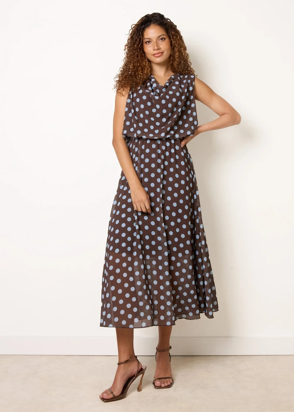 Blue Vanilla Brown Polka Dot Drop Cowl Neck Midi Dress - S Image 3