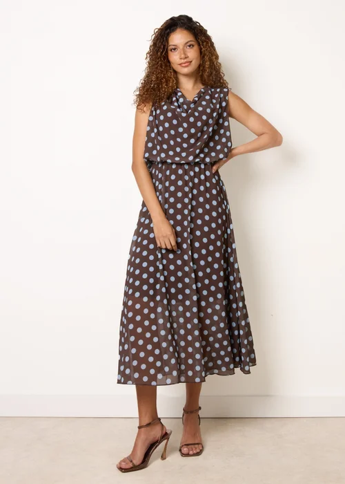 Blue Vanilla Brown Polka Dot Drop Cowl Neck Midi Dress - S Image 3