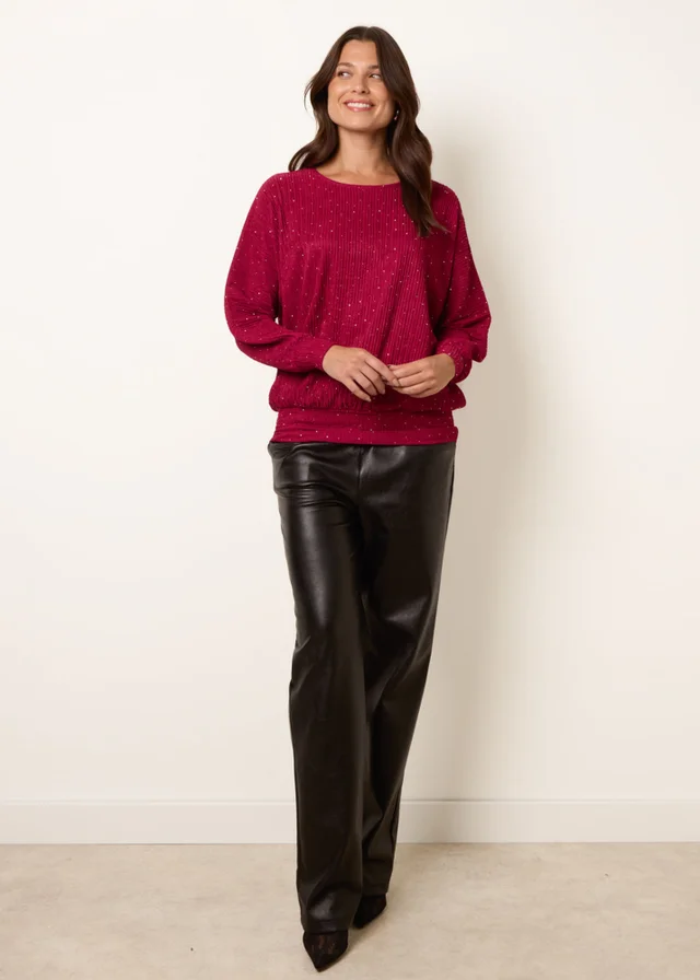 Blue Vanilla Burgundy Rhinestone Batwing Top