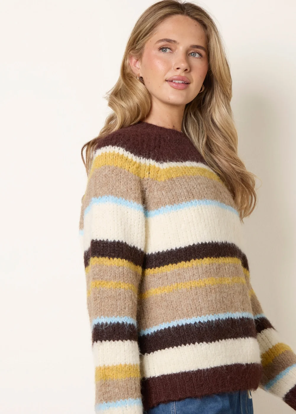 Blue Vanilla Brown Striped Round Neck Knit Jumper - M/L Image 1