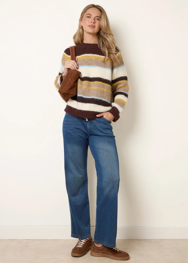 Blue Vanilla Brown Striped Round Neck Knit Jumper