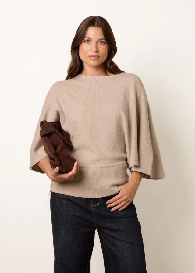 Blue Vanilla Beige Tie Waist Batwing Knit Jumper