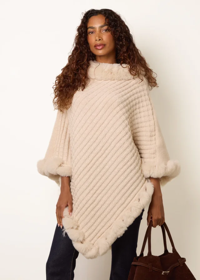 Blue Vanilla Stone Faux Fur Trim Poncho