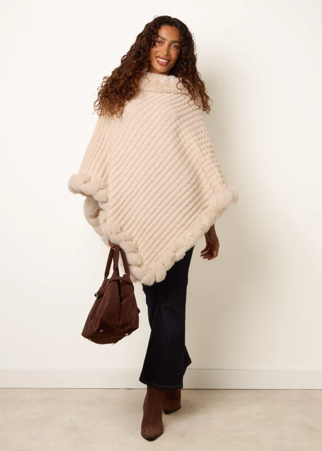 Blue Vanilla Stone Faux Fur Trim Poncho