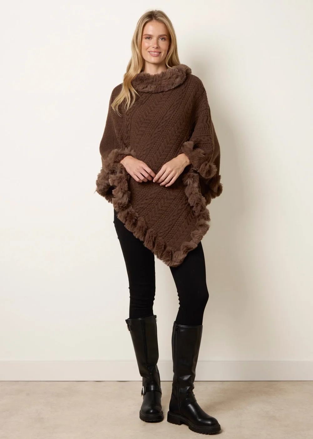 Blue Vanilla Brown Faux Fur Trim Poncho - One Size Image 2