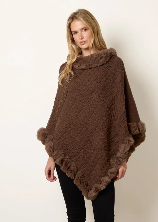 Blue Vanilla Brown Faux Fur Trim Poncho