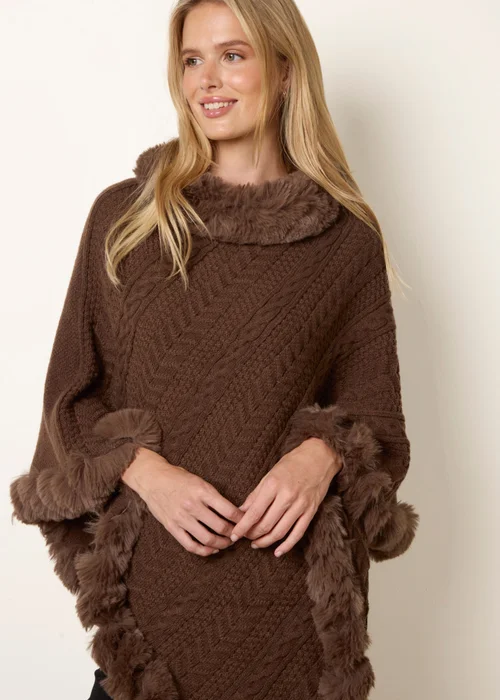Blue Vanilla Brown Faux Fur Trim Poncho - One Size Image 3