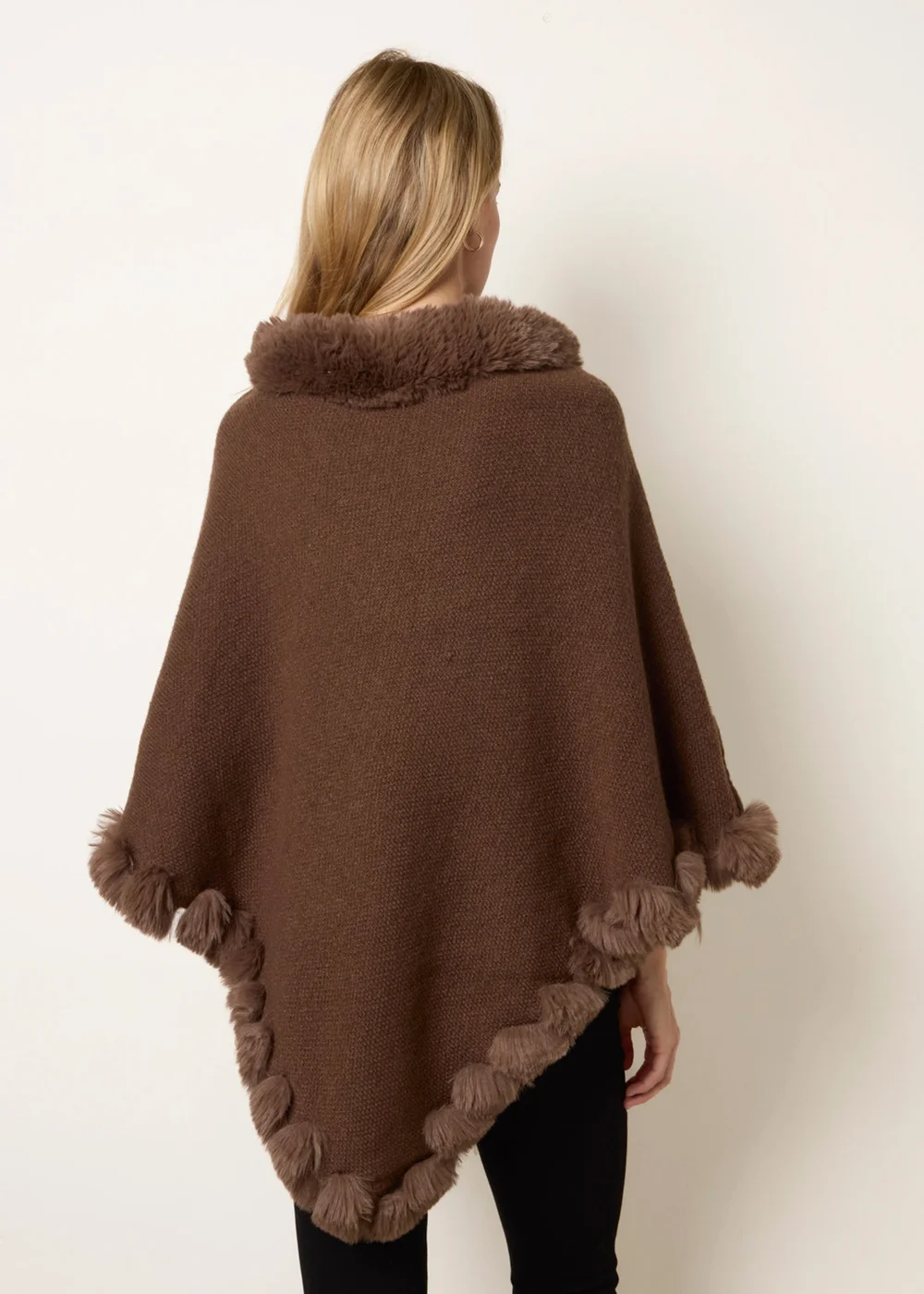 Blue Vanilla Brown Faux Fur Trim Poncho - One Size Image 4