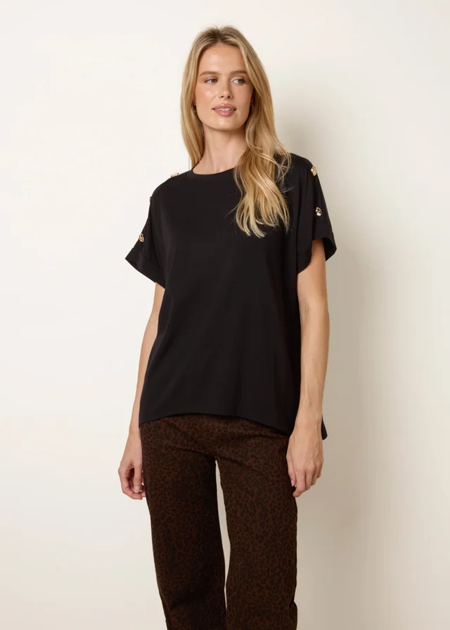 Blue Vanilla Black Round Neck Brochure Shoulder Detailing T-Shirt