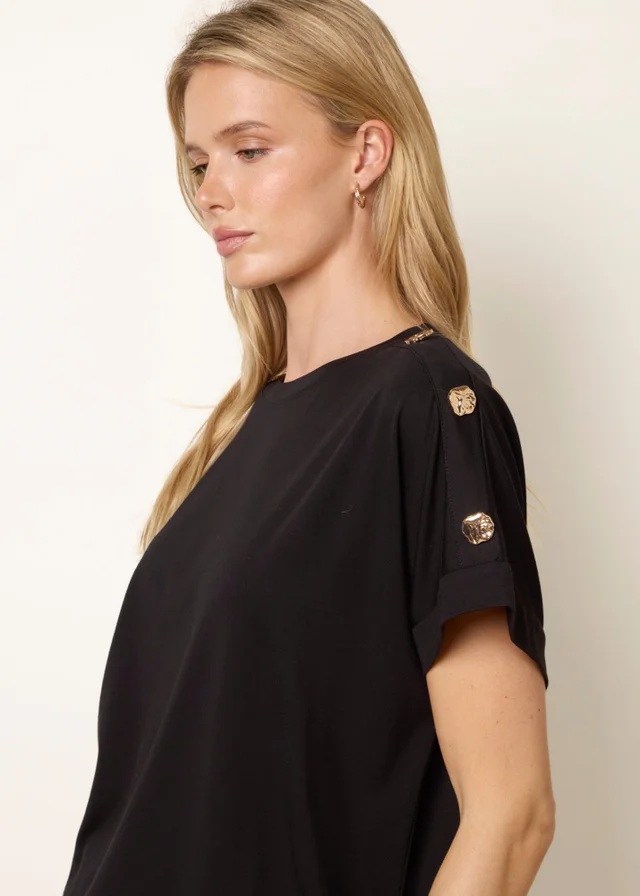 Blue Vanilla Black Round Neck Brochure Shoulder Detailing T-Shirt