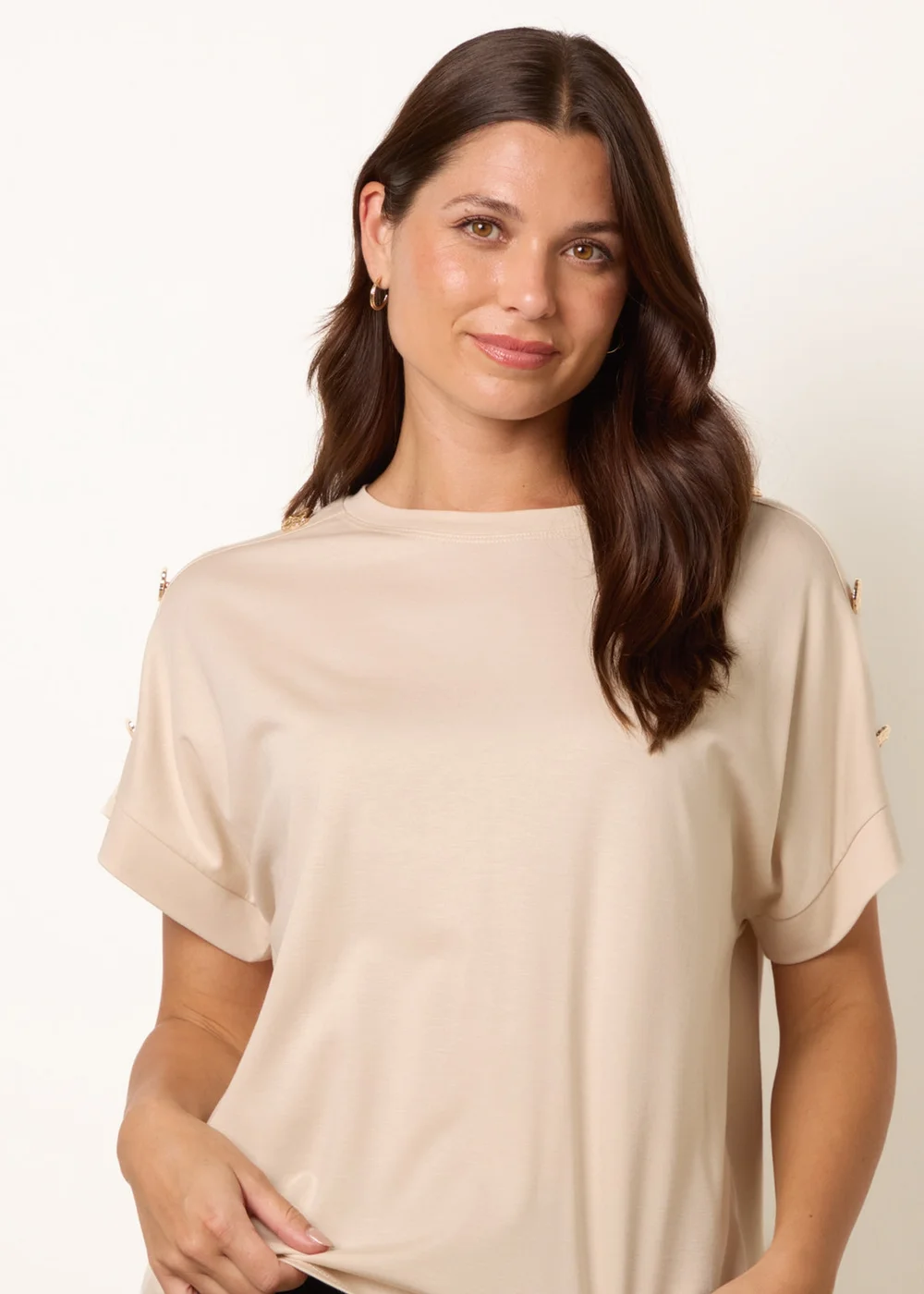 Blue Vanilla Beige Round Neck Brochure Shoulder Detailing T-Shirt - S/M Image 4