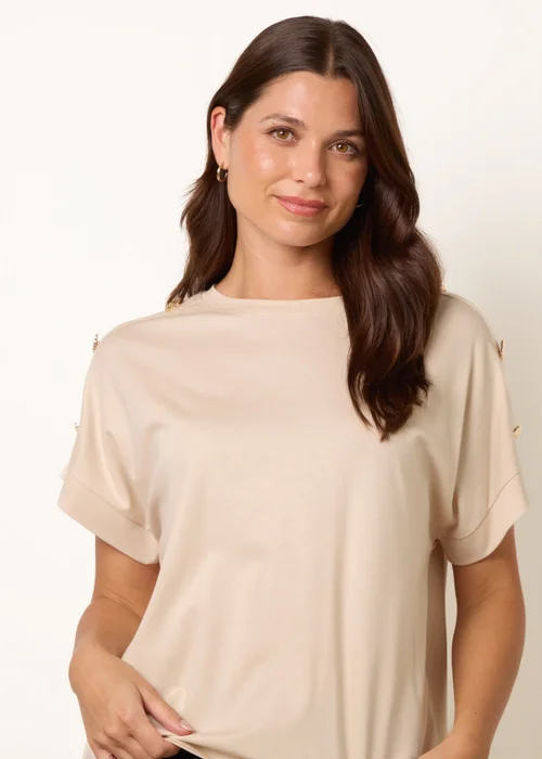 Blue Vanilla Beige Round Neck Brochure Shoulder Detailing T-Shirt - S/M Image 4
