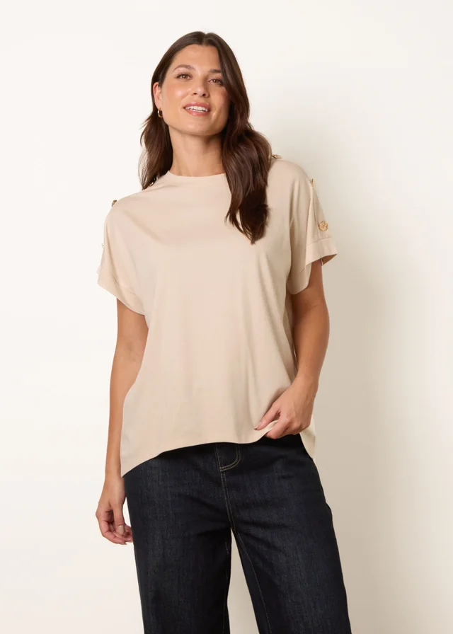 Blue Vanilla Beige Round Neck Brochure Shoulder Detailing T-Shirt