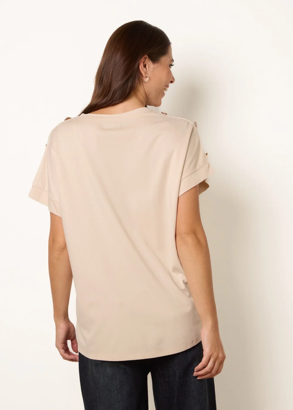 Blue Vanilla Beige Round Neck Brochure Shoulder Detailing T-Shirt - S/M Image 5