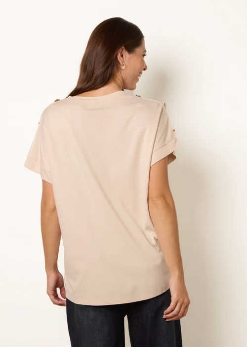Blue Vanilla Beige Round Neck Brochure Shoulder Detailing T-Shirt - S/M Image 5