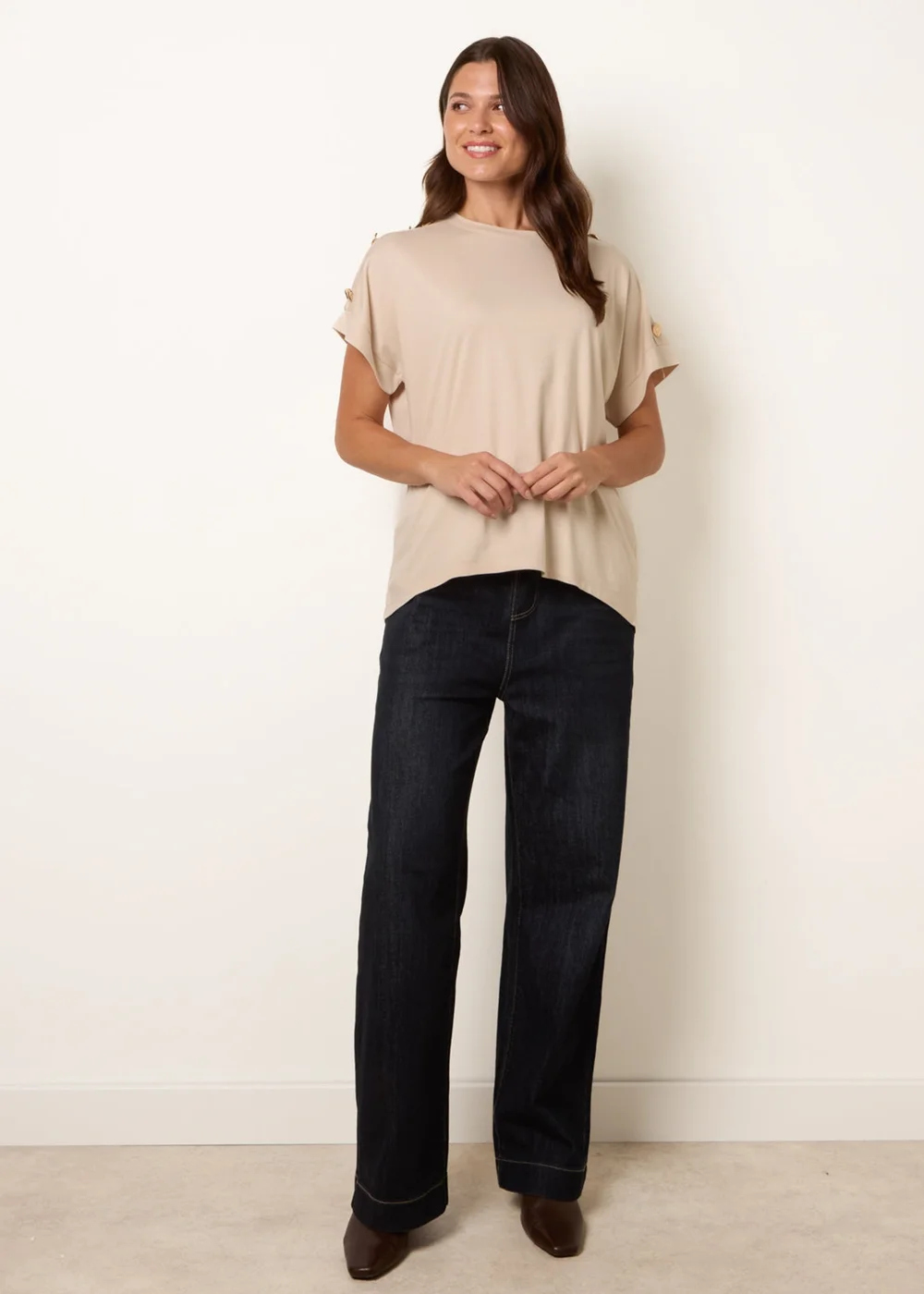 Blue Vanilla Beige Round Neck Brochure Shoulder Detailing T-Shirt - S/M Image 3