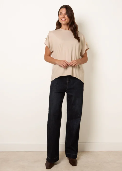 Blue Vanilla Beige Round Neck Brochure Shoulder Detailing T-Shirt - S/M Image 3