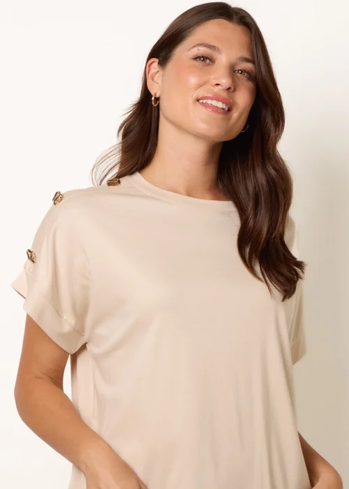Blue Vanilla Beige Round Neck Brochure Shoulder Detailing T-Shirt - S/M Image 1