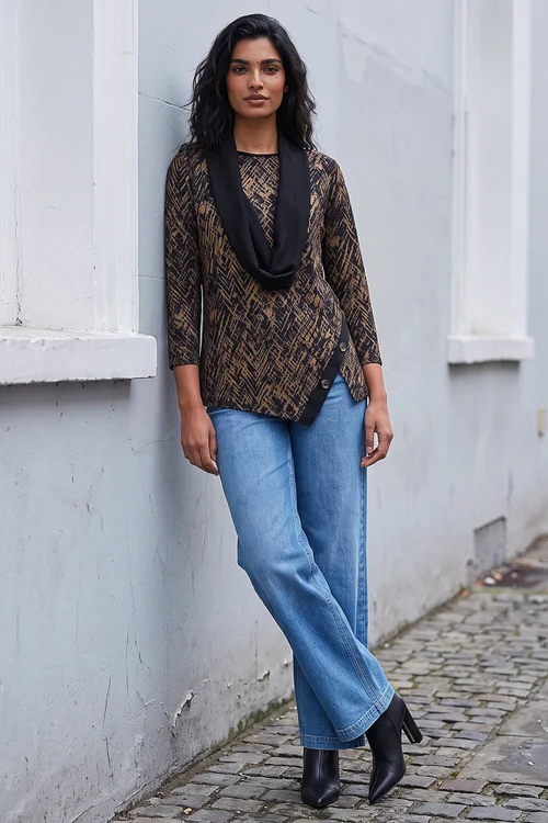 Roman Chocolate Printed Snit Scarf Tunic Top - 14 Image 2