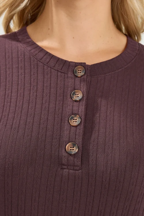 Yours Curve Chocolate Brown Pointelle Henley Top - 30-32 Image 4