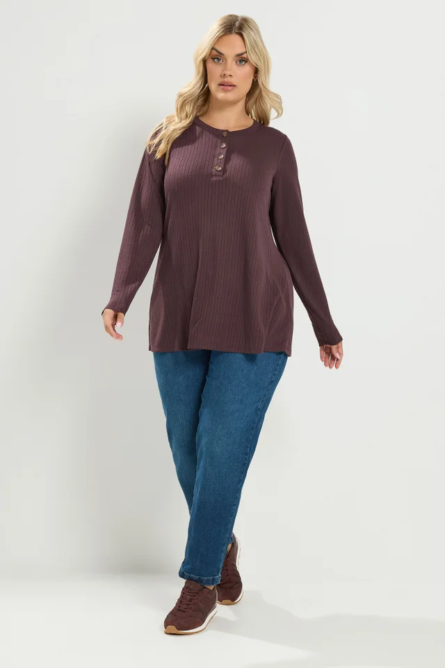 Yours Curve Chocolate Brown Pointelle Henley Top