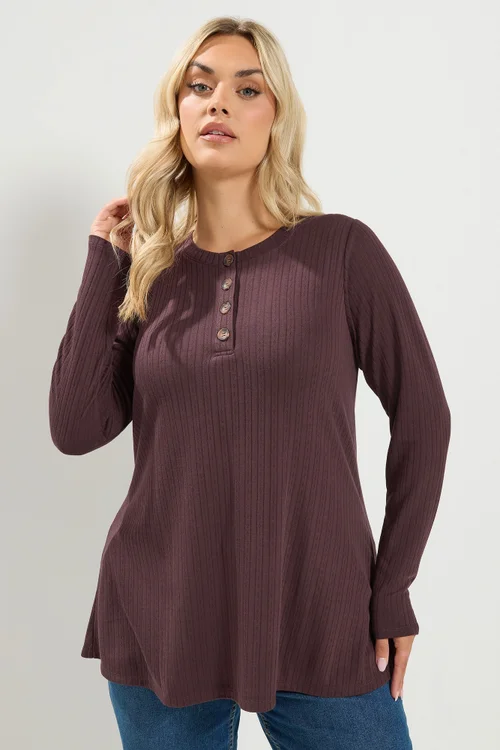 Yours Curve Chocolate Brown Pointelle Henley Top - 30-32 Image 1