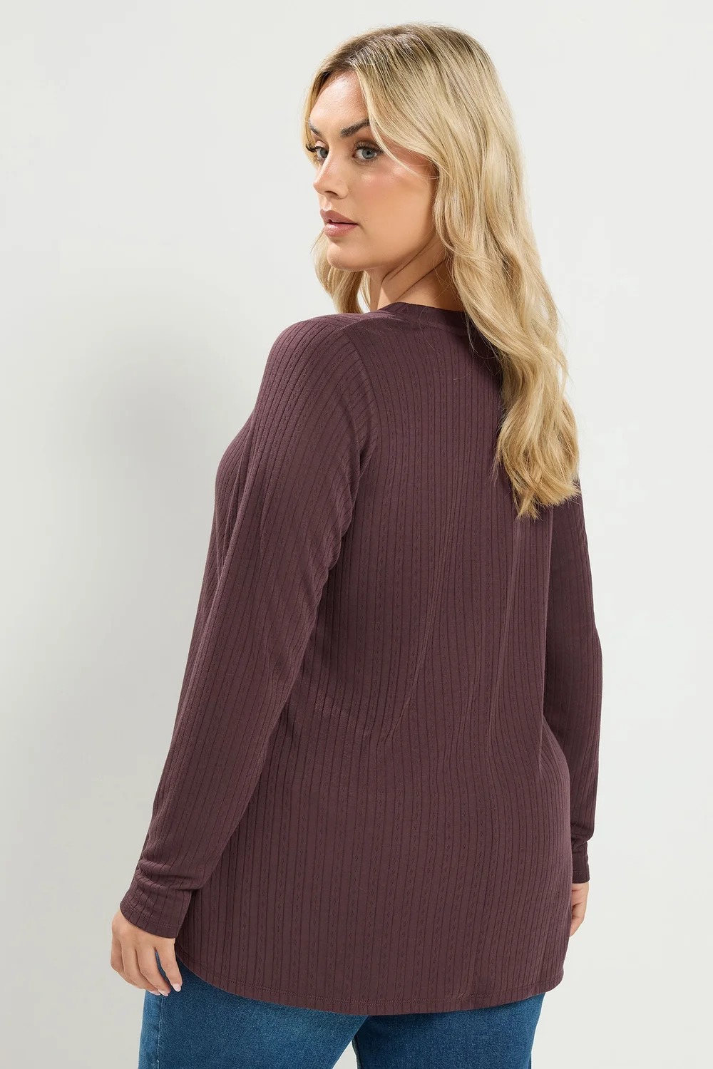 Yours Curve Chocolate Brown Pointelle Henley Top - 30-32 Image 3