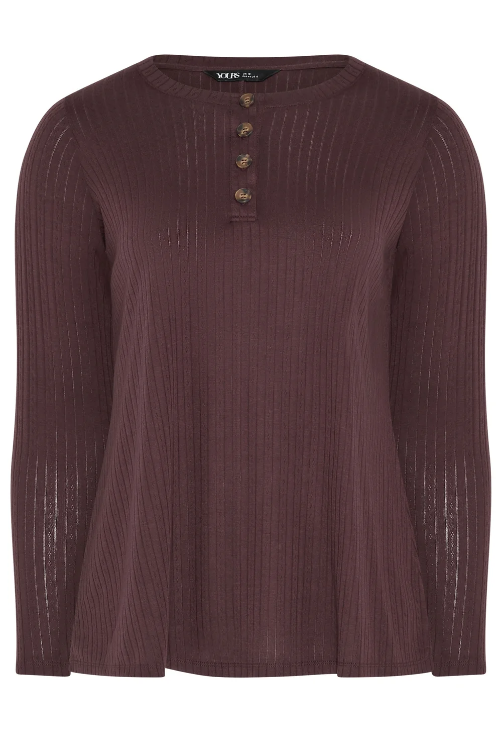 Yours Curve Chocolate Brown Pointelle Henley Top - 30-32 Image 5