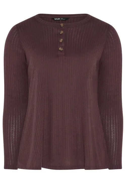 Yours Curve Chocolate Brown Pointelle Henley Top - 30-32 Image 5