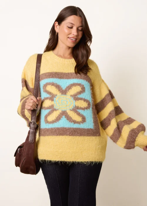 Blue Vanilla Yellow Retro Flower Print Balloon Sleeve Jumper - One Size Image 2