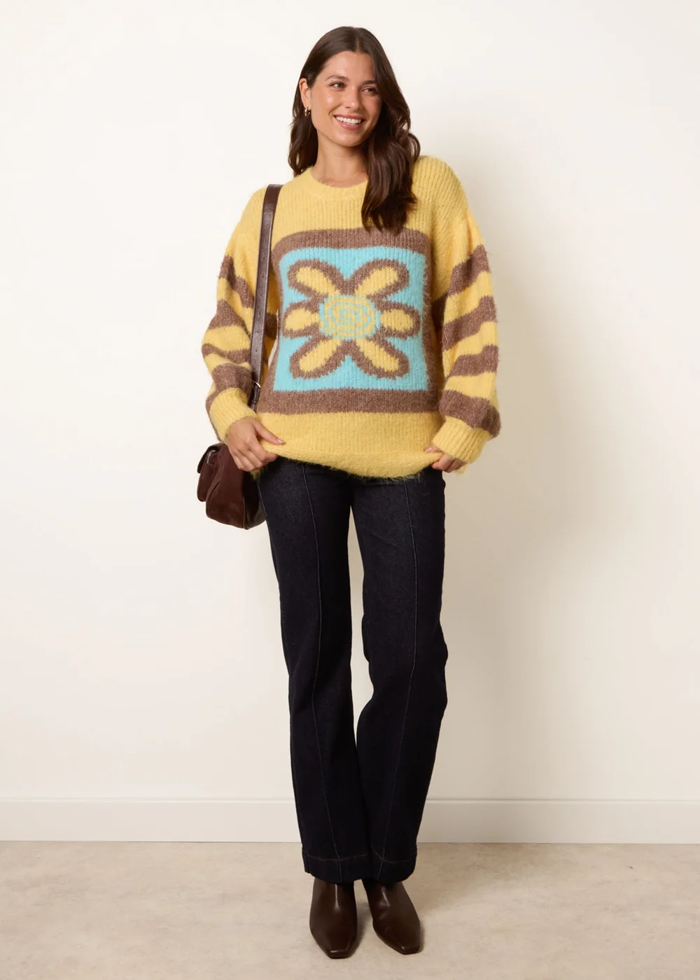 Blue Vanilla Yellow Retro Flower Print Balloon Sleeve Jumper - One Size Image 3